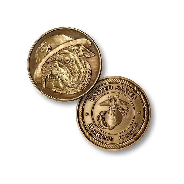 USMC Marine Chesty Bulldog Mascot Brass Challenge Coin First to Fight 